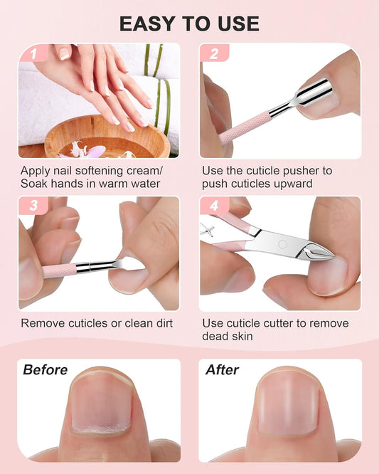 Steps demonstrating the use of the Medivita Nagelhaut-Set 3-teilig for nail and cuticle care.