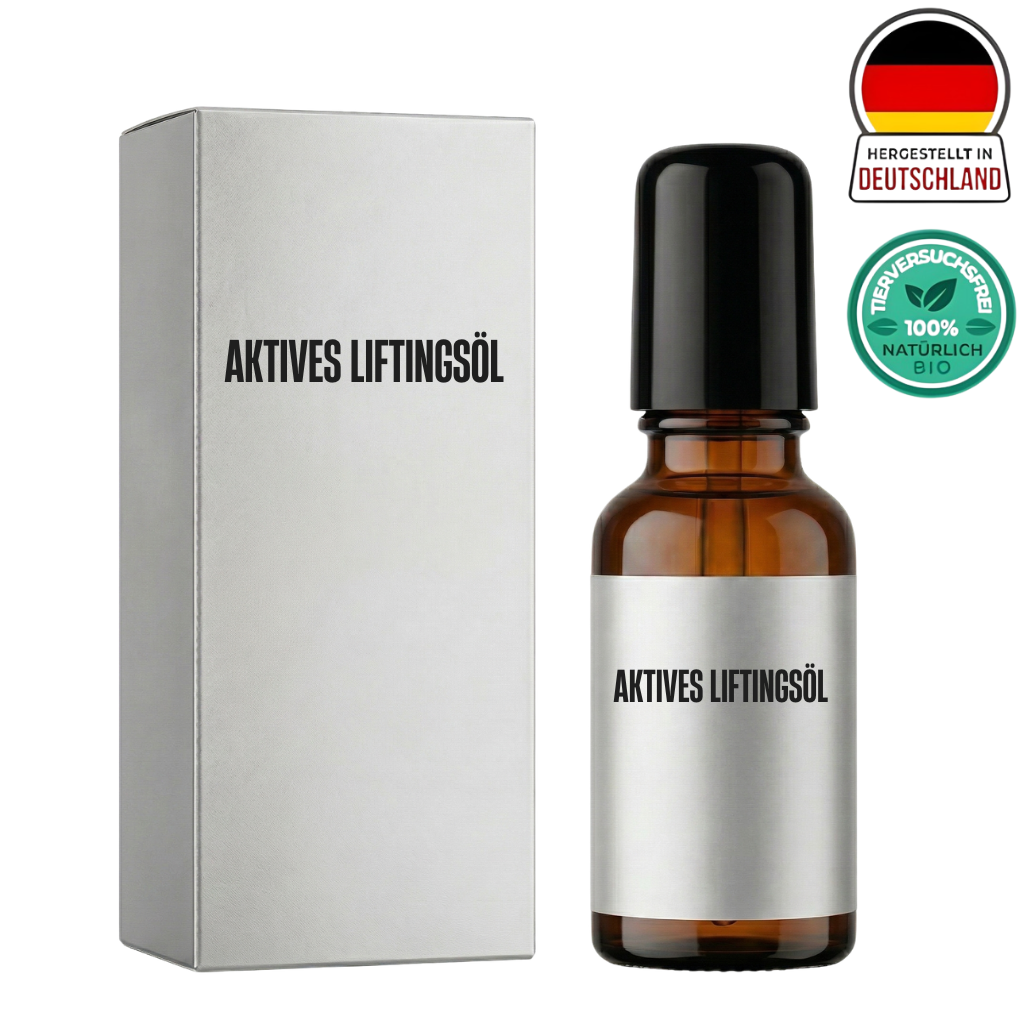 Aktives Liftingsöl in einer braunen Flasche mit silberner Verpackung und deutschen Herkunftszeichen.