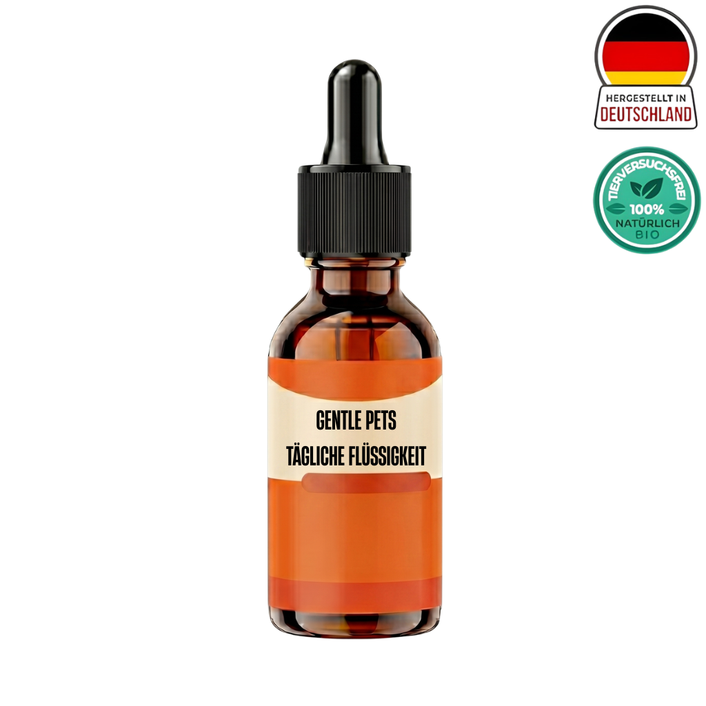 Flasche Gentle Pets Tägliche Flüssigkeit, milde Pflegeformel für Haustiere, hergestellt in Deutschland.