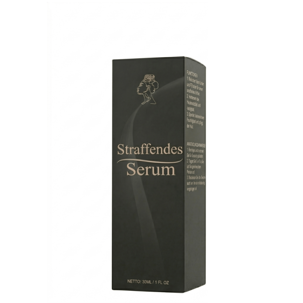 Straffendes Serum in einer eleganten schwarzen Verpackung für Hautstraffung und Revitalisierung.