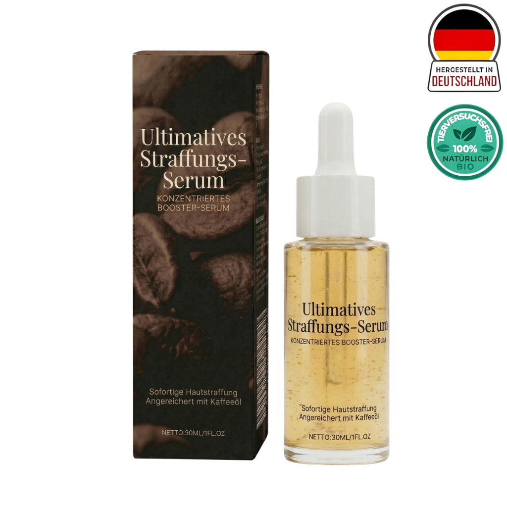 Ultra-straffendes Serum in einer gläsernen Flasche mit schwarzer Verpackung, für strahlende Hautpflege.