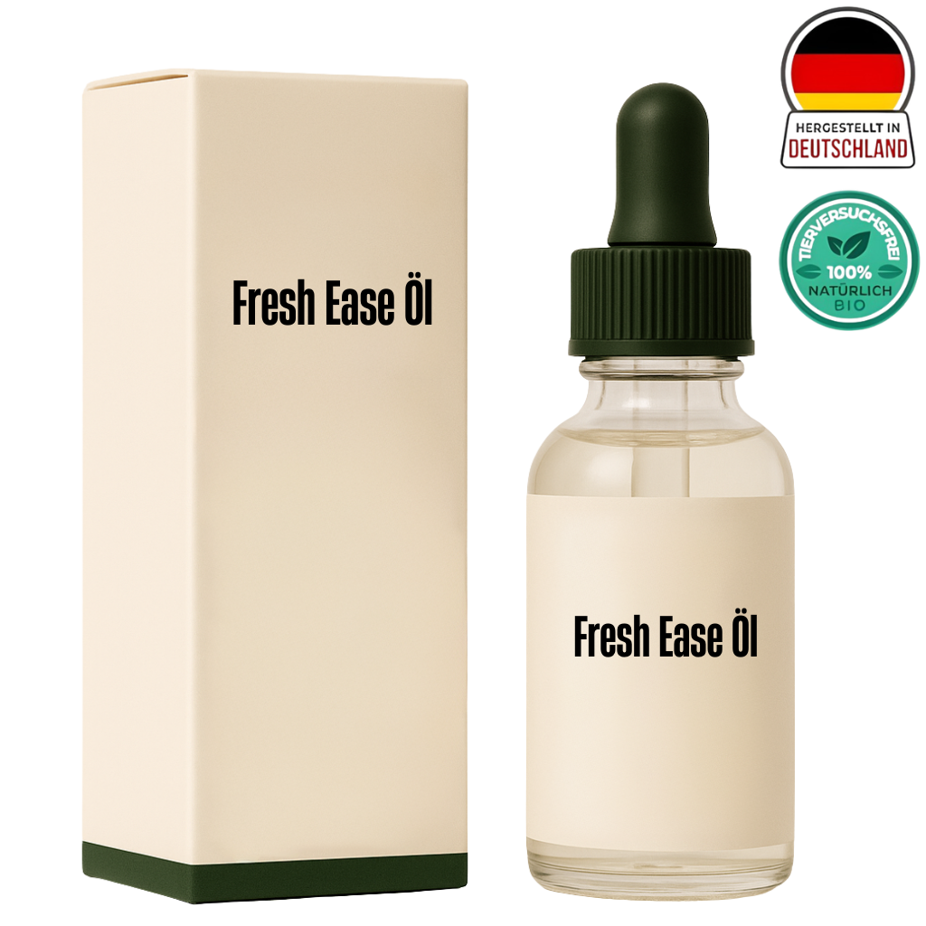 Flasche von Fresh Ease Öl mit Verpackung, leichter Beauty-Öl für die tägliche Hautpflege.