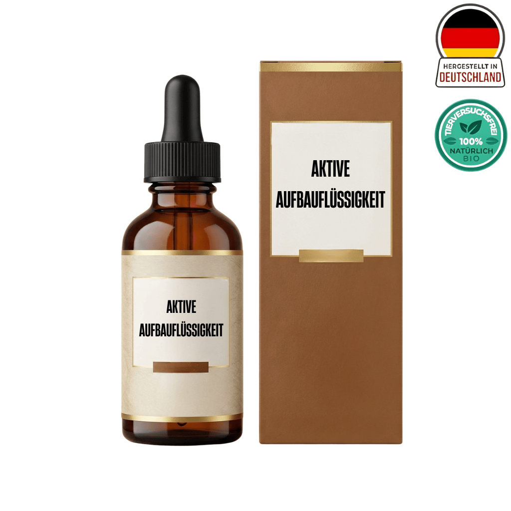 Aktive Aufbauflüssigkeit in einer braunen Flasche und Verpackung, ideal für die tägliche Hautpflege.