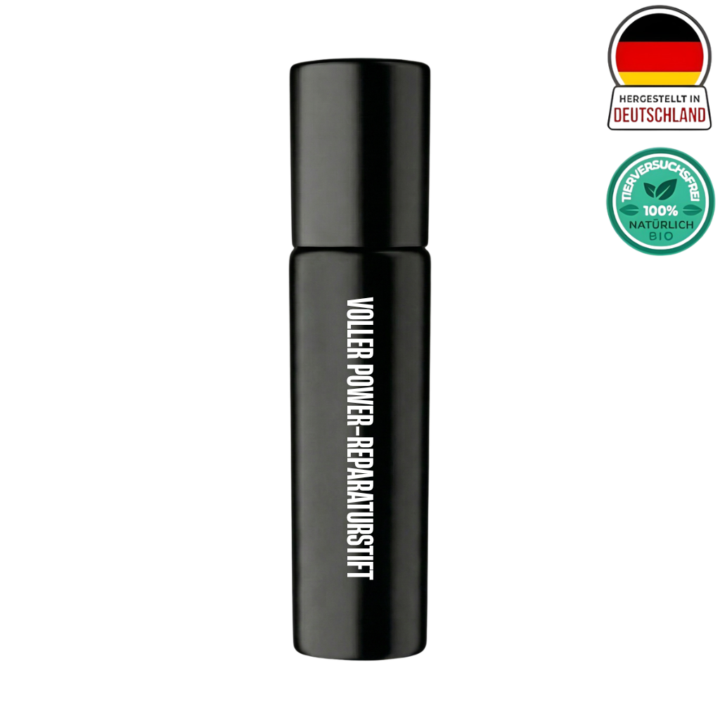 Voller Power-Reparaturstift in schwarzem Behälter mit natürlichem Inhaltsstoff, hergestellt in Deutschland.