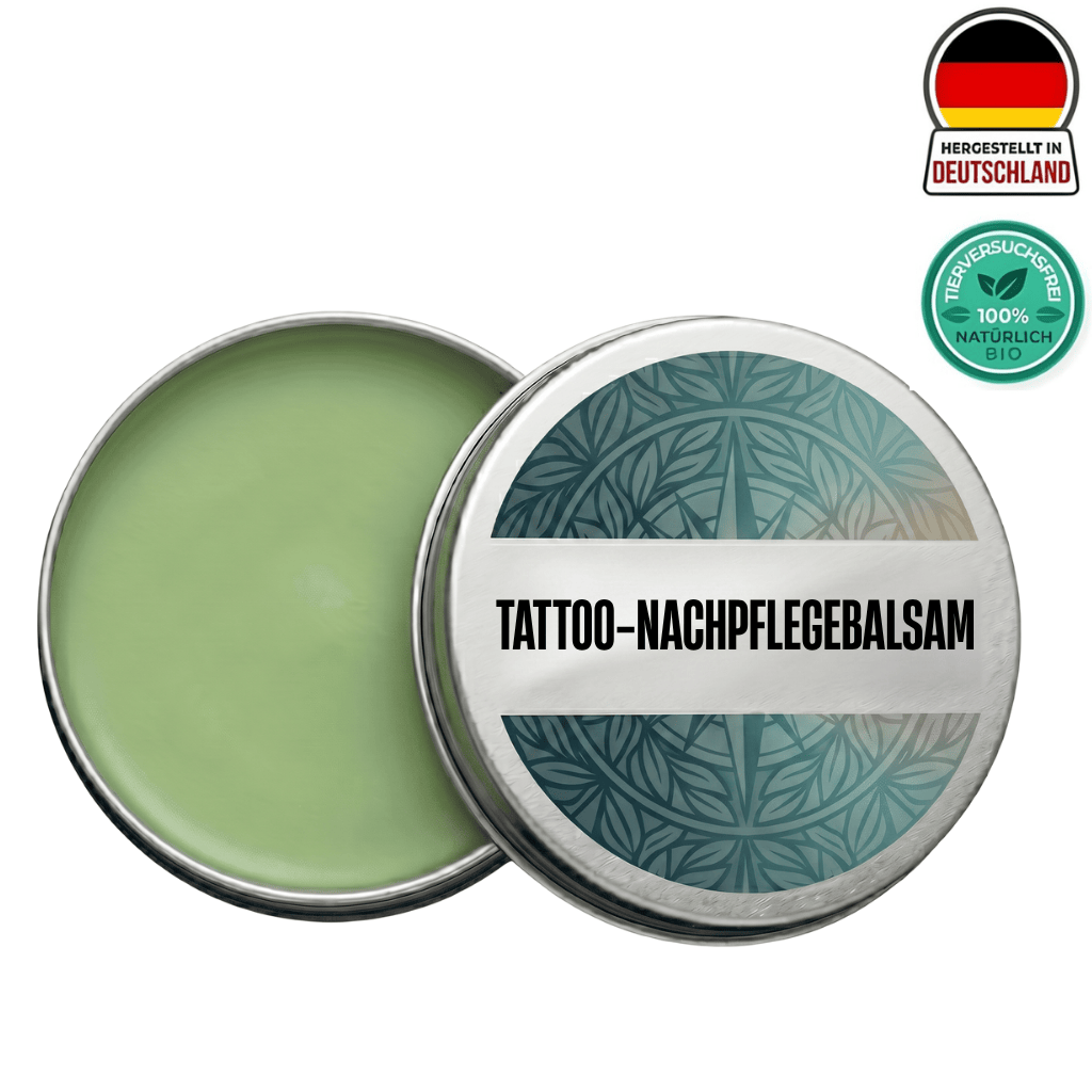 Luxuriöser Tattoo-Nachpflegebalsam in einer runden Dose mit grüner Balsamtextur für die Pflege tätowierter Haut.