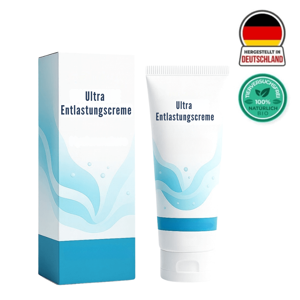 Ultra Entlastungscreme Verpackung und Tube, sanfte Hautpflege mit natürlichen Inhaltsstoffen.