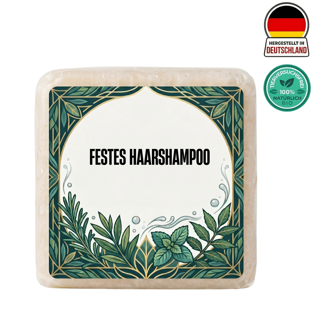 Festes Haarshampoo-Bar mit pflanzlichem Design und leichtem, natürlichem Look für die Haarpflege.
