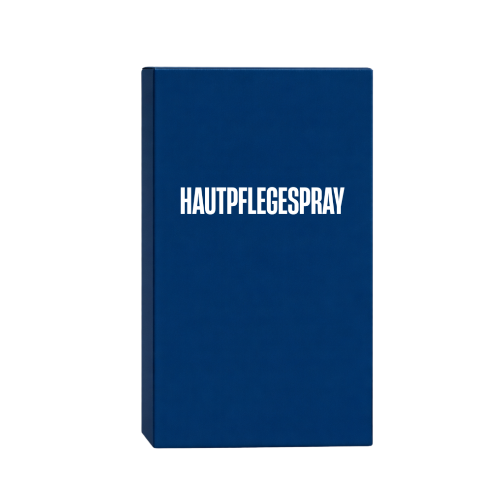 Hautpflegespray - Produktverpackung in blauer Box mit weißem Text.