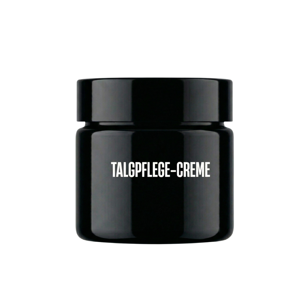 Talgpflege-Creme in einem eleganten schwarzen Tiegel für eine luxuriöse Hautpflege.