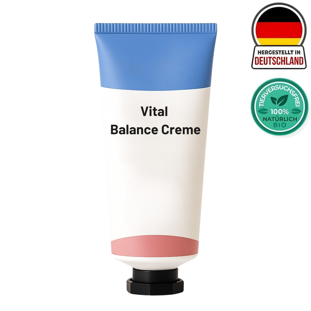 Vital Balance Creme in einer Tube, hergestellt in Deutschland, für sanfte Hautpflege und ein glattes Erscheinungsbild.