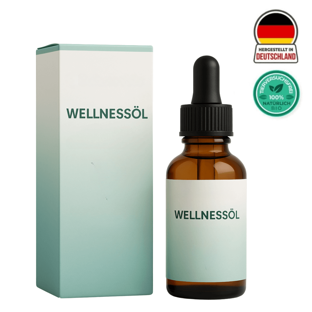 Wellnessöl Flasche und Verpackung für die tägliche Hautpflege, hergestellt in Deutschland, 100% natürlich bio.