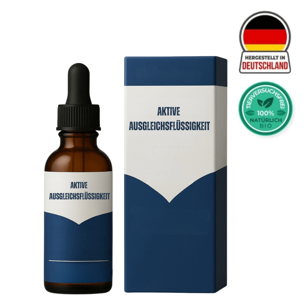 Flasche und Verpackung von Aktive Ausgleichsflüssigkeit, einem Pflegeöl für Haustiere.