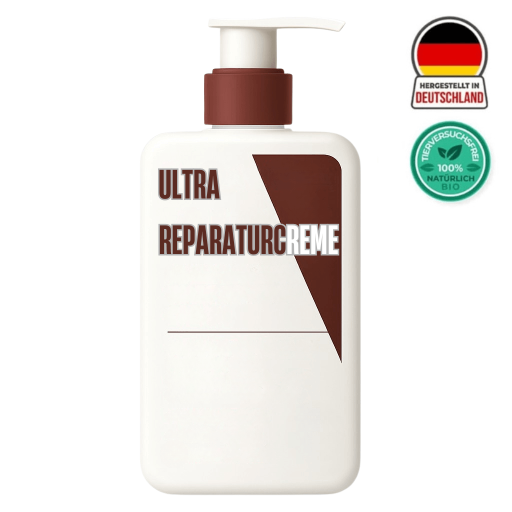 Ultra Repair Creme in einer weißen Flasche mit Pumpspender für intensive Hautpflege aus Deutschland.