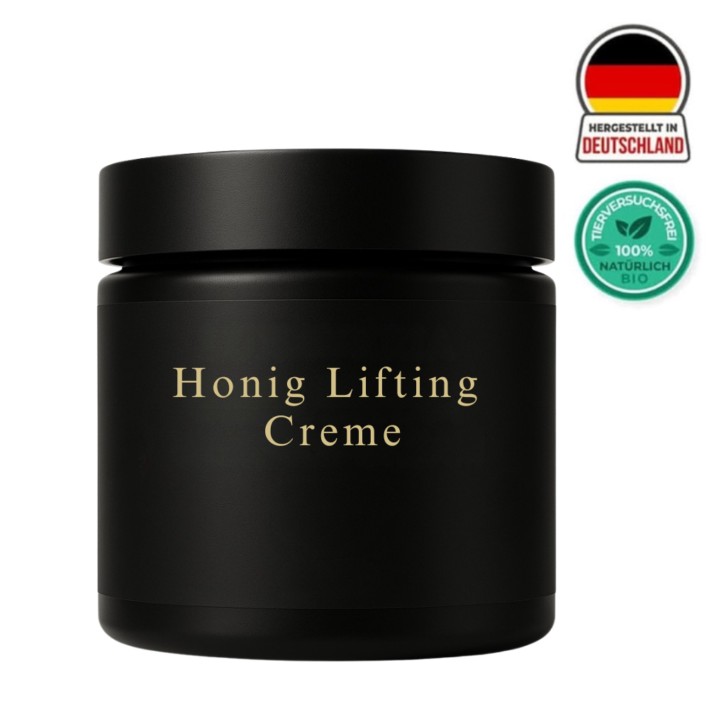 Premium Honig Liftingcreme in schwarzem Tiegel mit goldener Schrift und deutschen Herkunftsmarken.