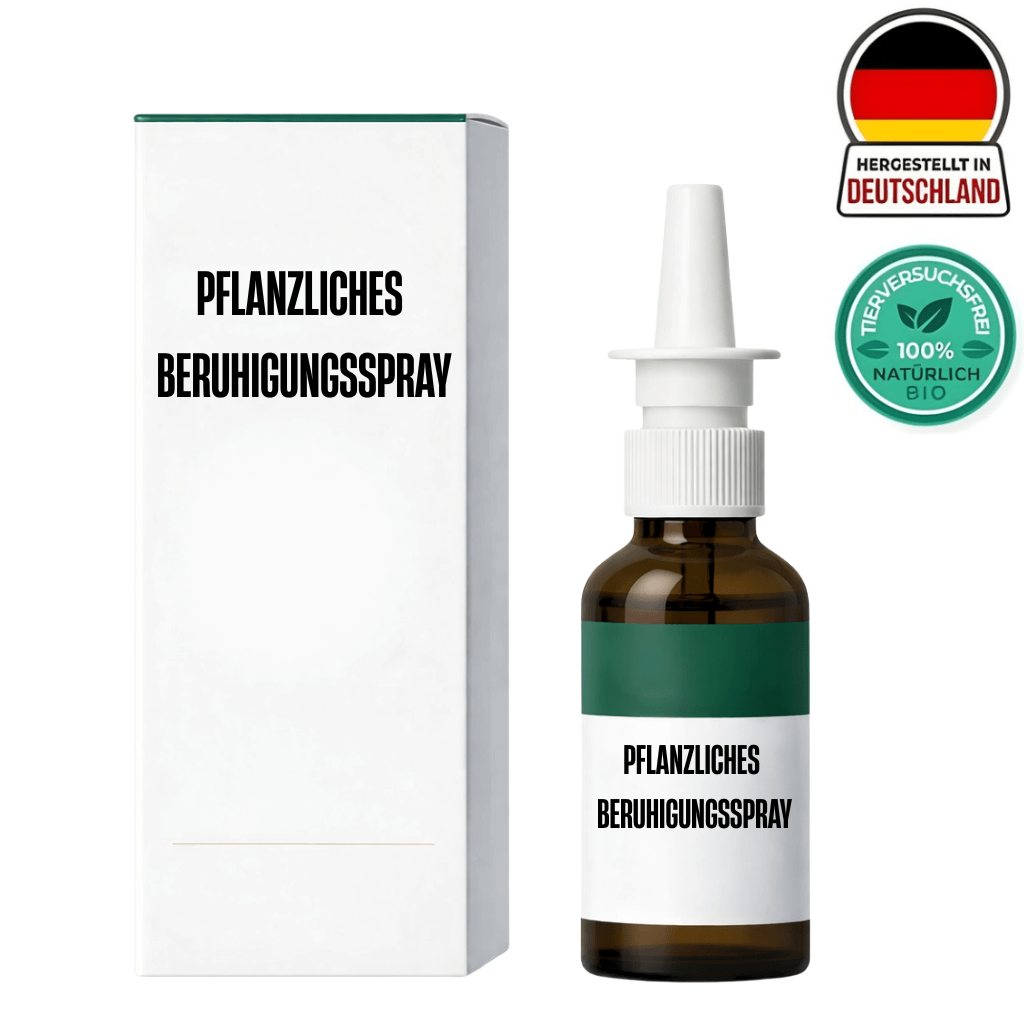 Pflanzliches Beruhigungsspray in einer braunen Flasche mit weißem Etikett und Box, hergestellt in Deutschland.