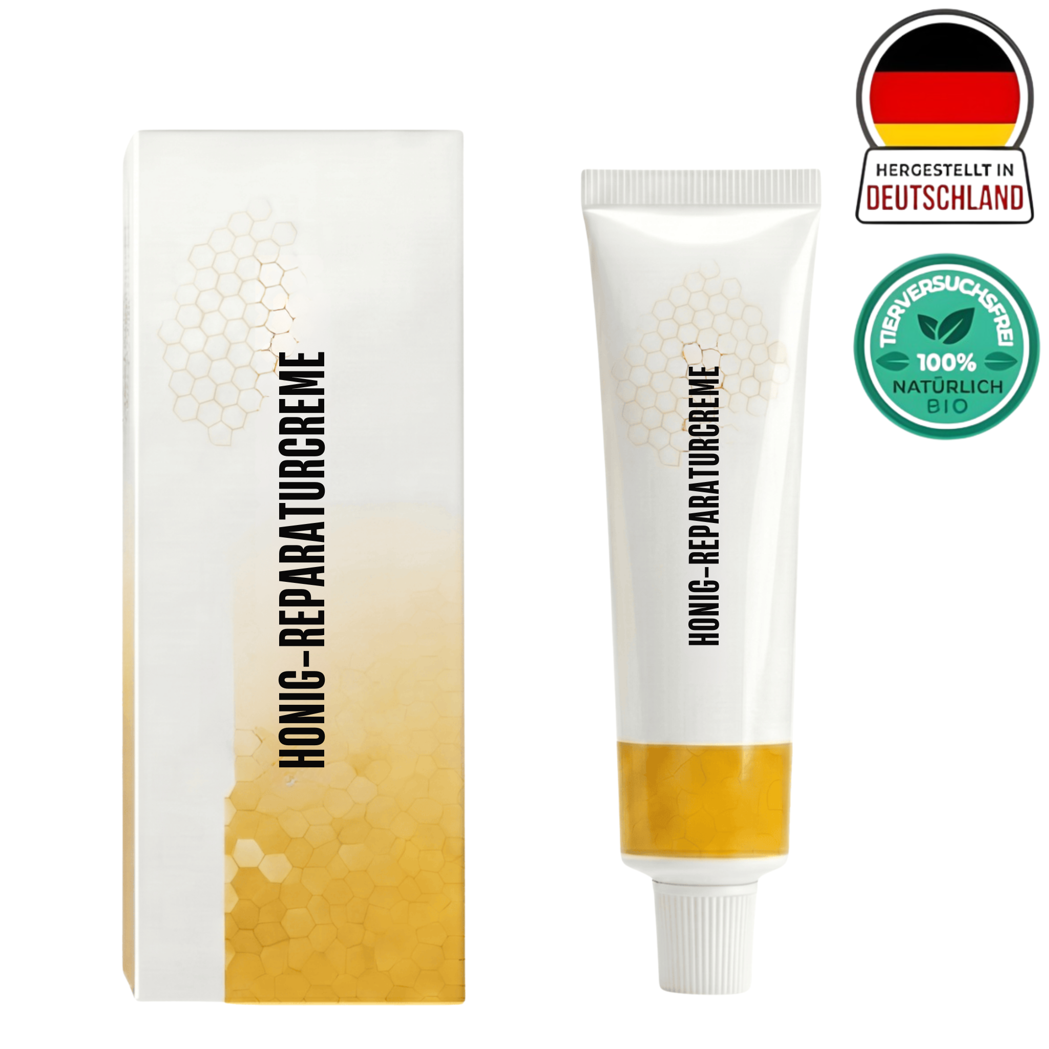 Honig-Reparaturcreme in einer eleganten Tube und Verpackung, ideal für die tägliche Hautpflege.