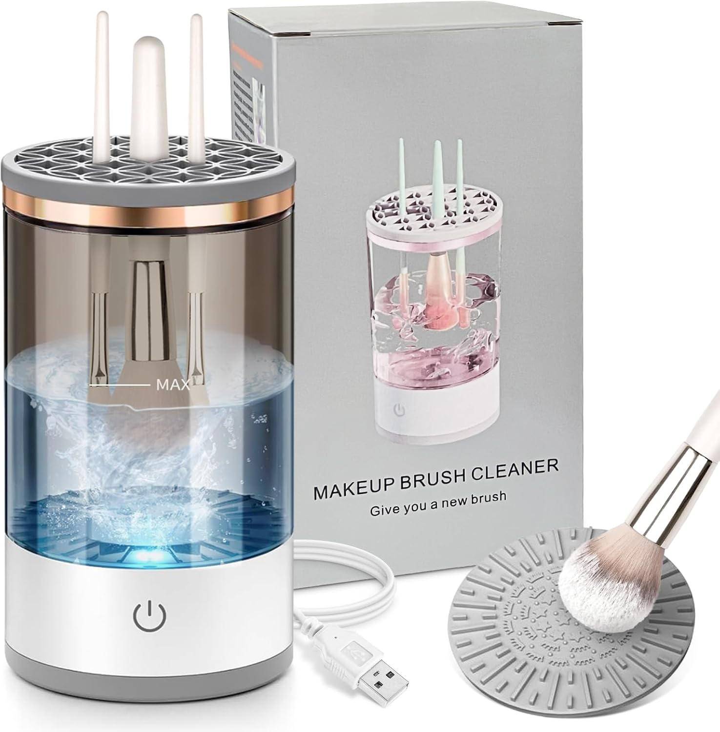 Medivita Elektrischer Make-up-Pinselreiniger mit rotierender Wassertechnologie und Reinigungszubehör.