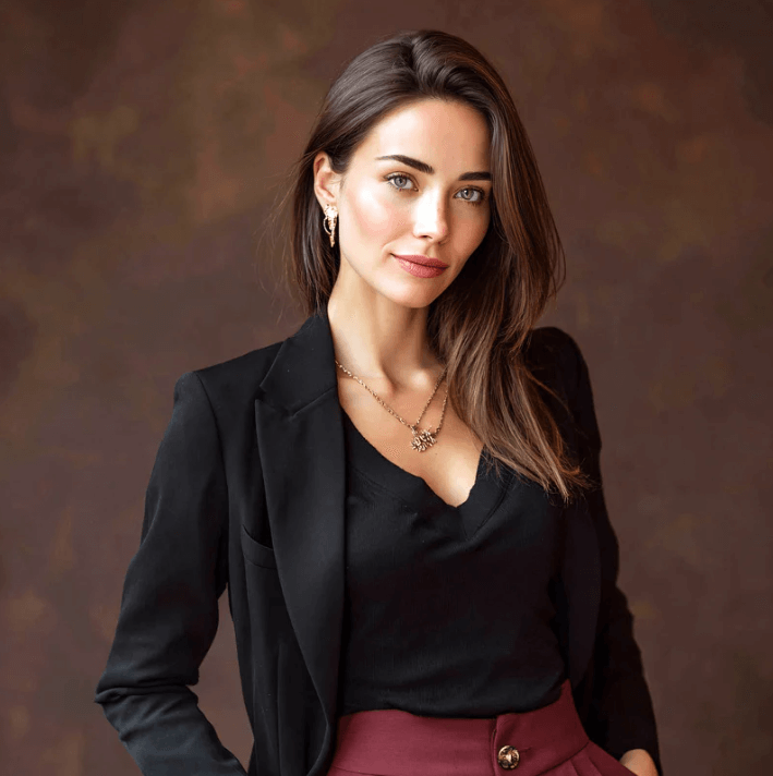 Professionelle Frau in schwarzer Blazer-Jacke mit elegantem Aussehen vor neutrals Hintergrund.