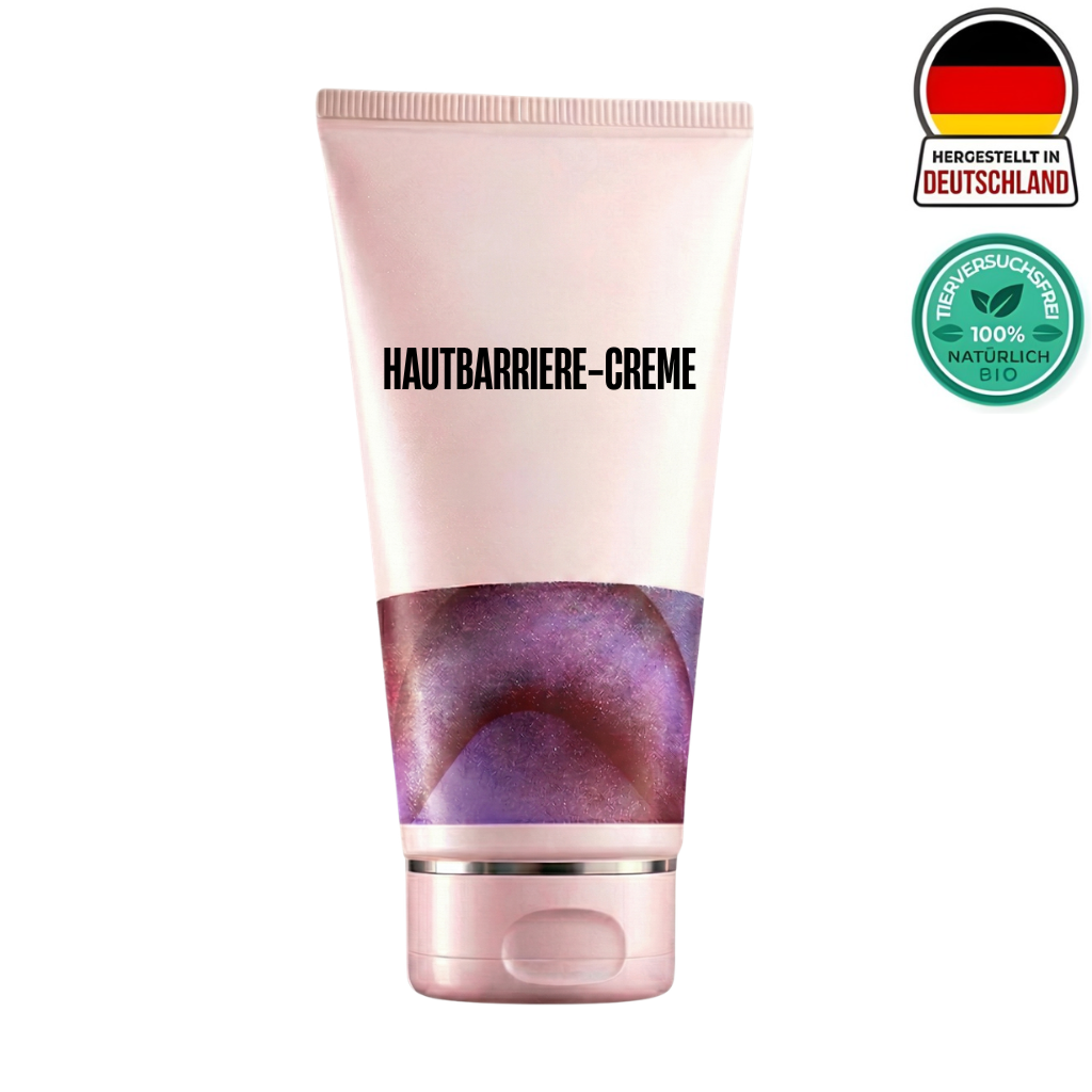 Hautbarriere-Creme in einer eleganten Tube mit farbigem Design und Bio-Zertifizierung.