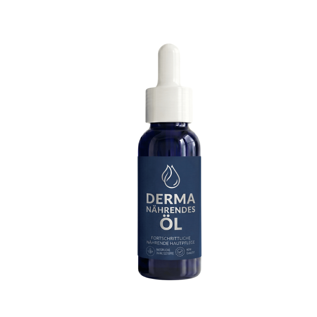 Derma Nährendes Öl in einer blauen Flasche mit Pipette für tägliche Hautpflege und Feuchtigkeit.