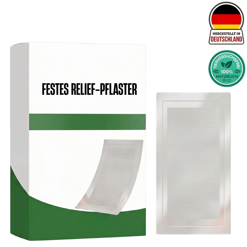 Produktbild des Festes Relief-Pflaster mit Verpackung und Patch auf grünem Hintergrund.