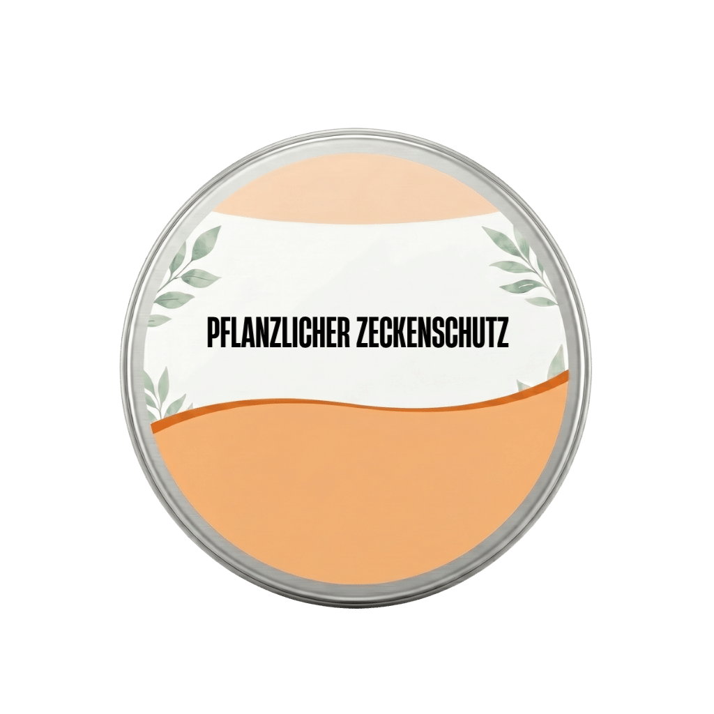 Runde Dose mit pflanzlichem Zeckenschutz für Hunde, dekoriert mit botanischen Elementen.