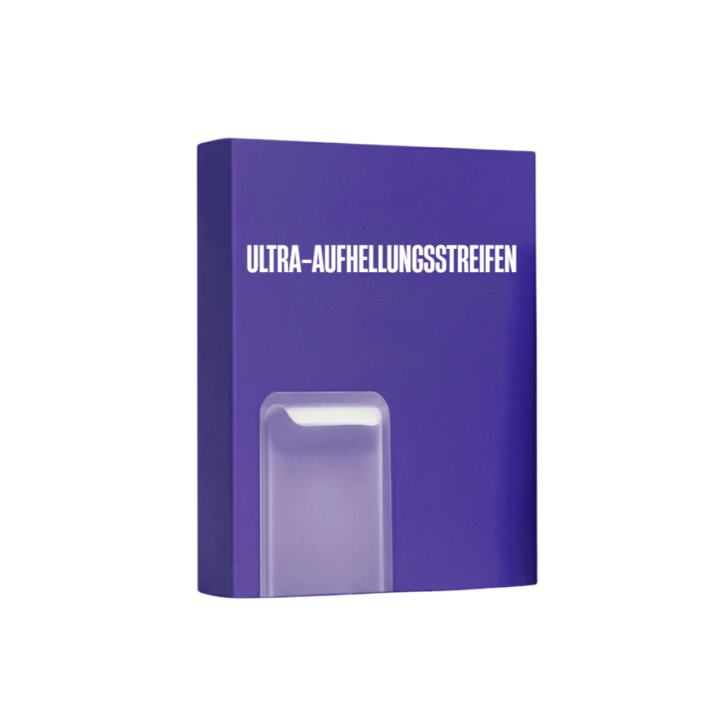 Verpackung von Ultra-Aufhellungsstreifen für strahlend weiße Zähne und gesunde Mundpflege.