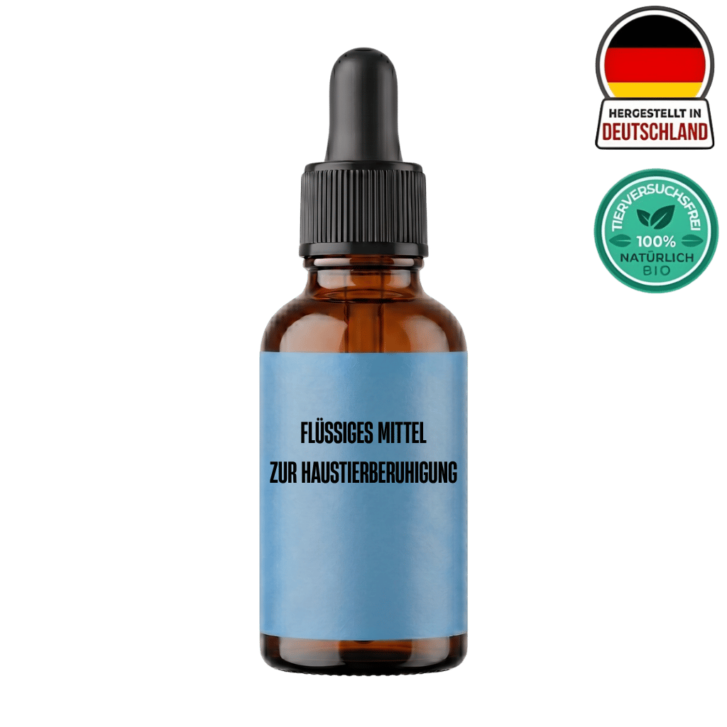 Flüssiges Mittel zur Haustierberuhigung in brauner Flasche mit blauer Etikette, hergestellt in Deutschland.