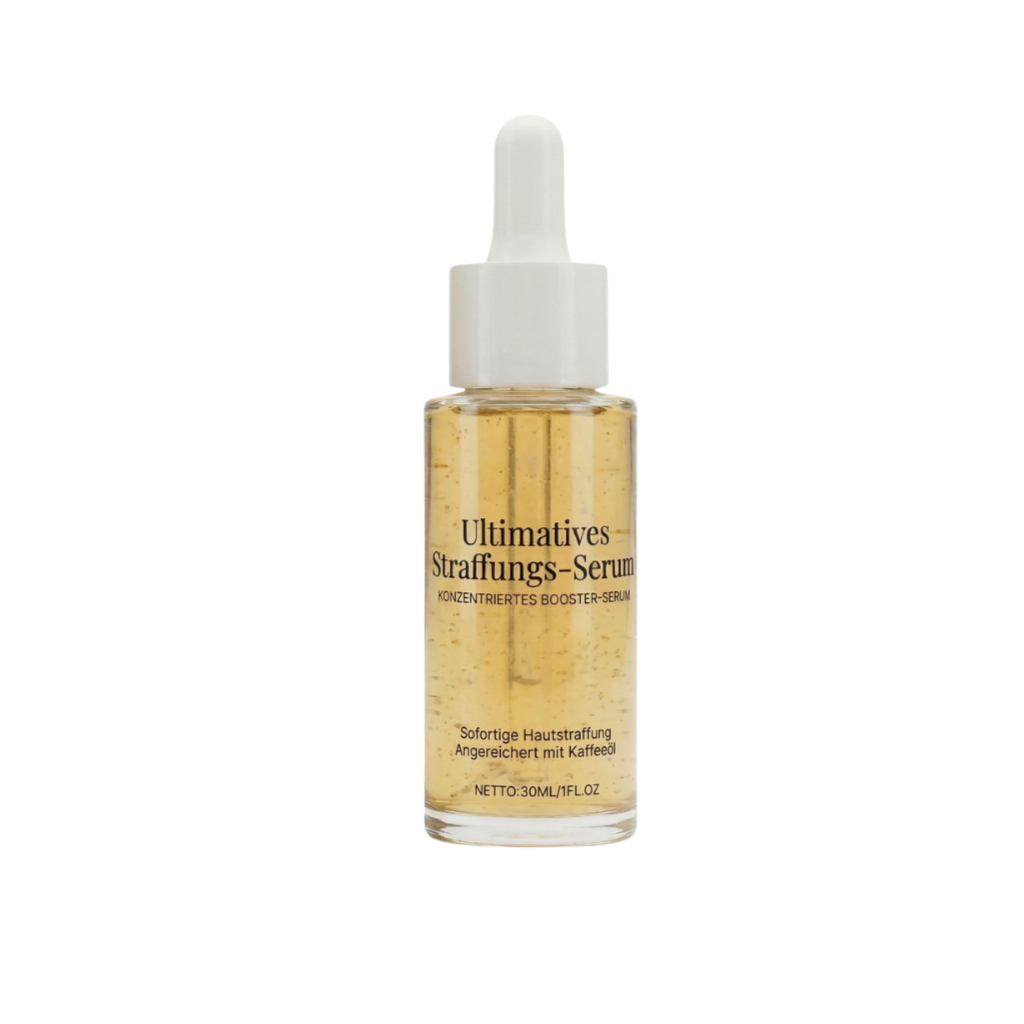Ultimatives straffendes Serum in einer Glasflasche mit Pipette, ideal für strahlende Hautpflege.