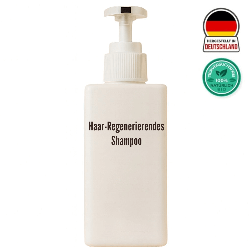 Haar-Regenerierendes Shampoo in einer weißen Flasche mit Pumpverschluss, hergestellt in Deutschland.