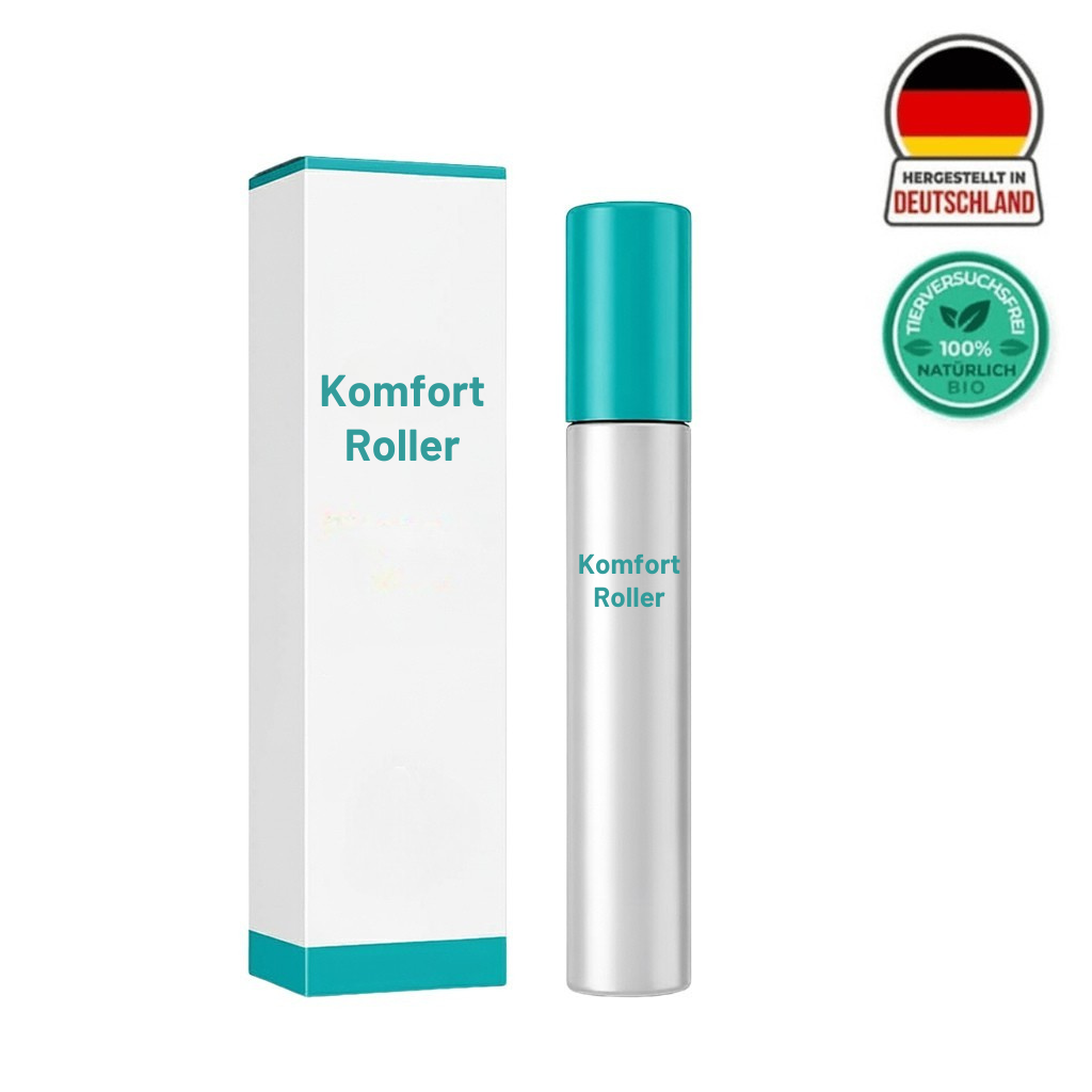 Produktbild des Komfort-Roller mit Verpackung, hergestellt in Deutschland, ideal für die Augenpflege.