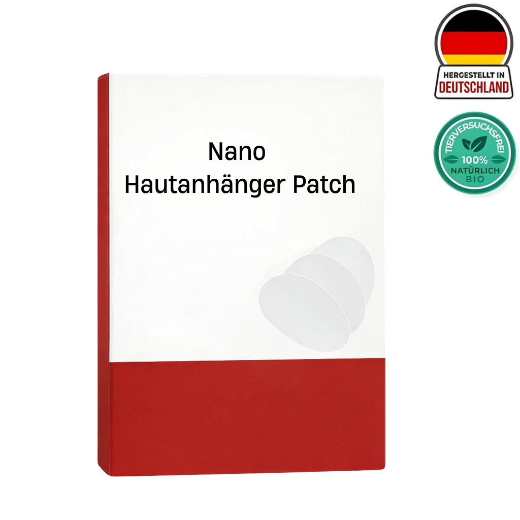 Nano Hautanhänger Patch Produktverpackung mit Bio-Siegel und deutscher Herstellung.