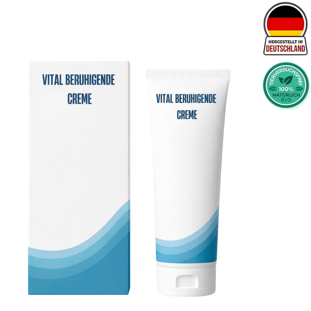 Vital Beruhigungs creme im Tuben- und Verpackungsdesign, Feuchtigkeitscreme für gepflegte Haut.