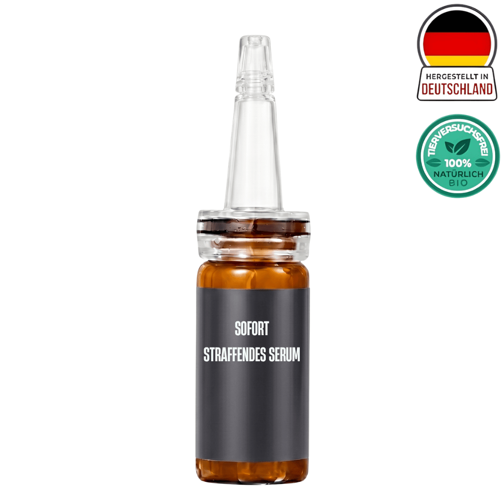 Sofort straffendes Serum in einer eleganten Flasche, hergestellt in Deutschland, für eine glatte und strahlende Haut.