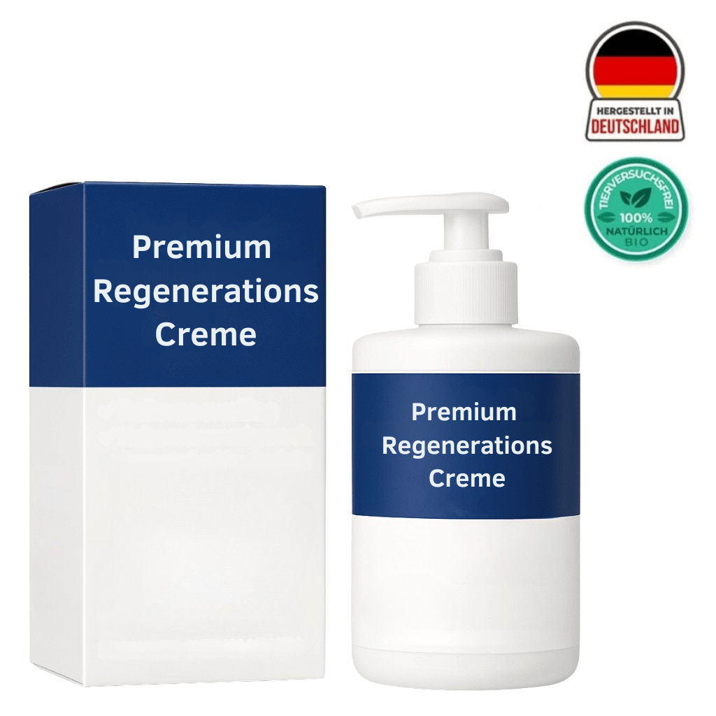 Premium Regenerationscreme in einer weißen Flasche und Verpackung, präsentiert für intensive Hautpflege.