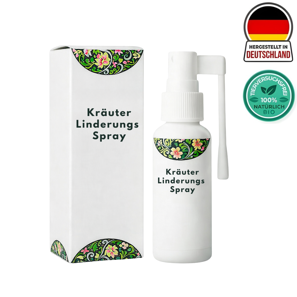 Kräuter Linderungsspray in einer weißen Flasche mit Box, ideal zur Hautpflege und Erfrischung.