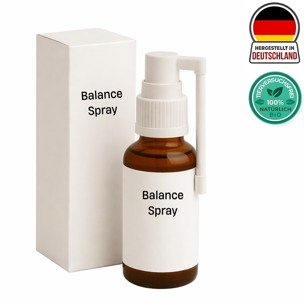 Balance-Spray in brauner Glasflasche mit white Pump-Deckel und Produktverpackung im Hintergrund.