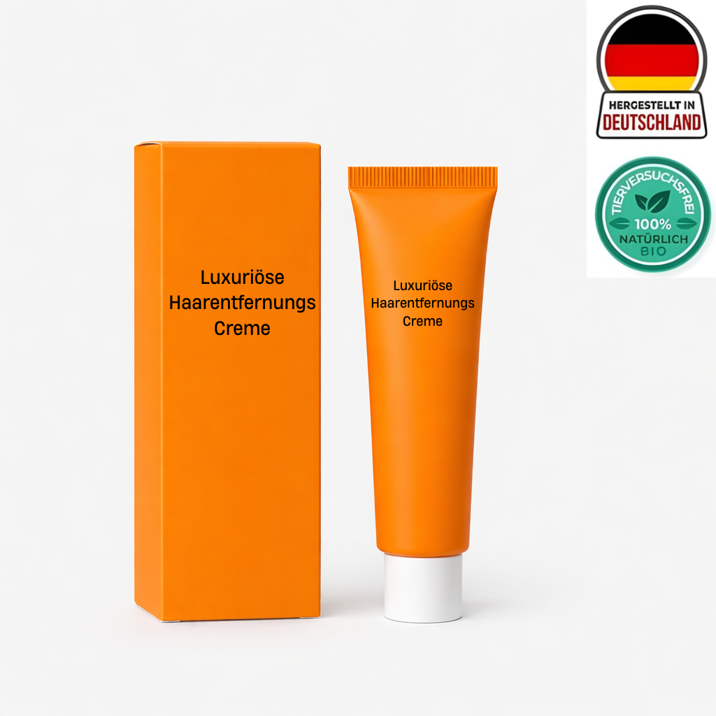 Luxuriöse Haarentfernungscreme in orange Tube und Verpackung, hergestellt in Deutschland, 100% natürliche Inhaltsstoffe.