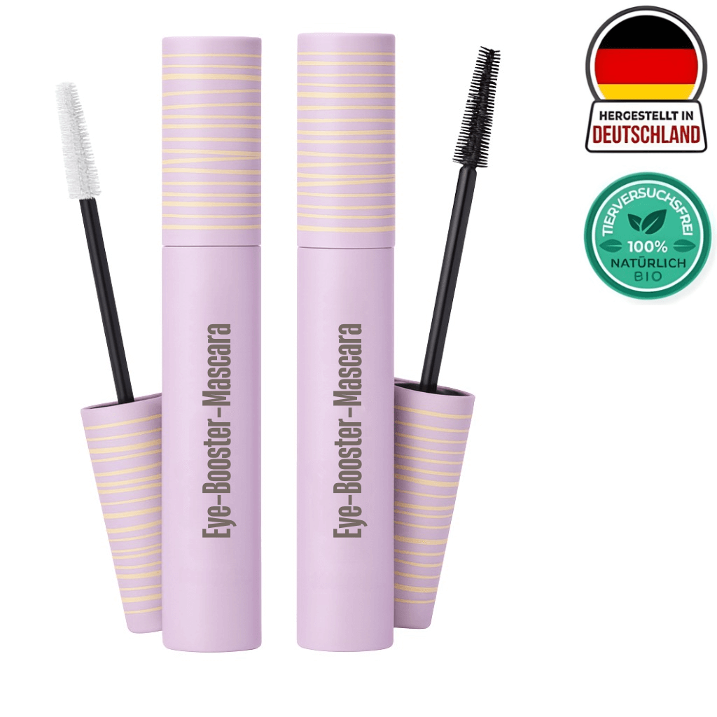 Luxe Eye-Booster-Mascara in lila Verpackung mit Bürste für definierte, längere Wimpern und natürliches Finish.