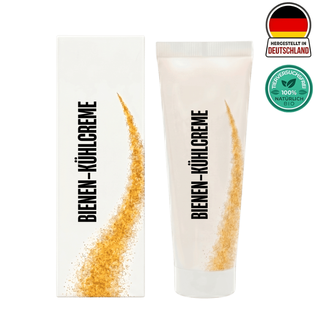Bienen-Kühlcreme in Tube und Verpackung, 100% natürliche Bio-Hautpflege für intensive Feuchtigkeit.
