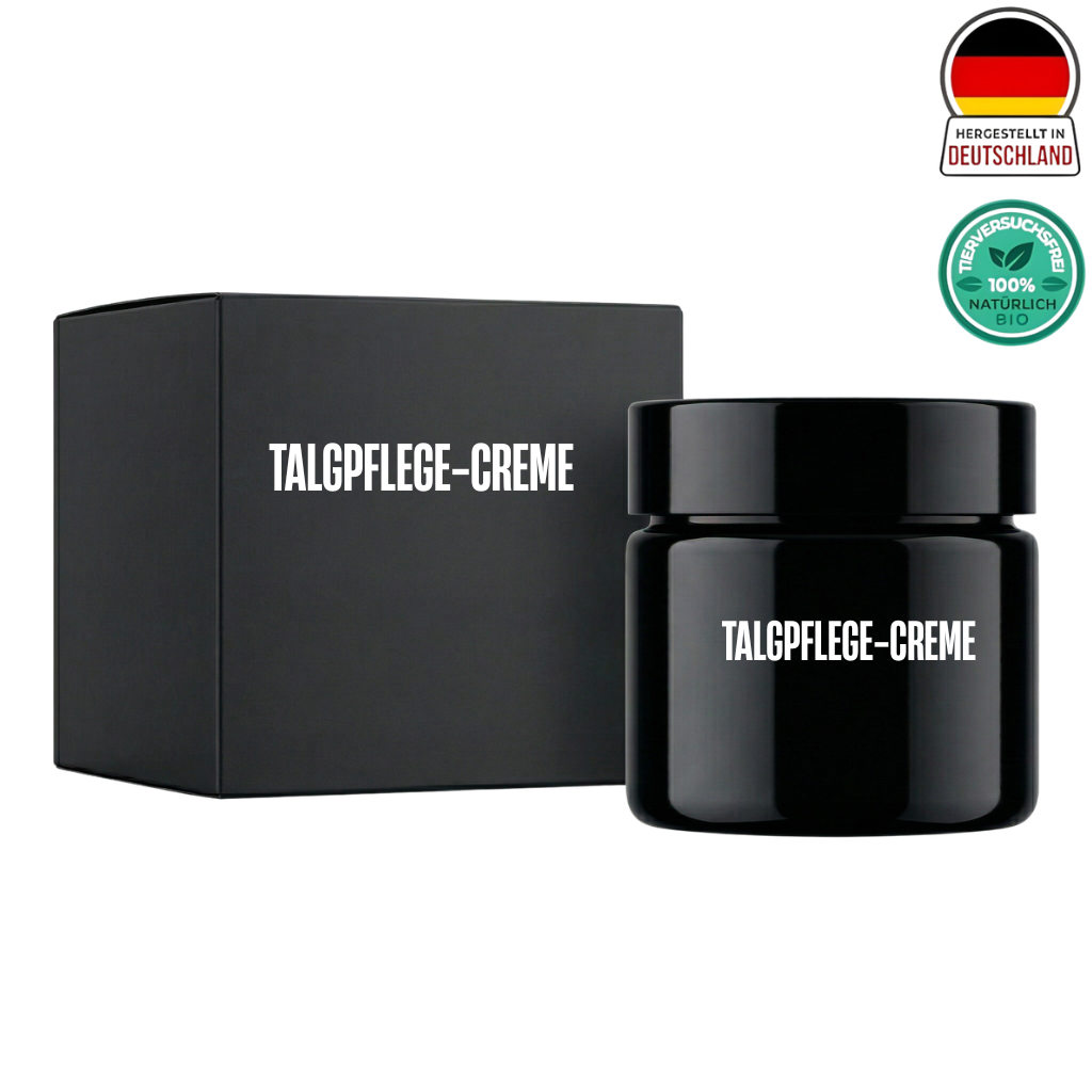 Talgpflege-Creme in schwarzem Jar mit passender Verpackung, ideal für glatteres und strahlendes Hautbild.