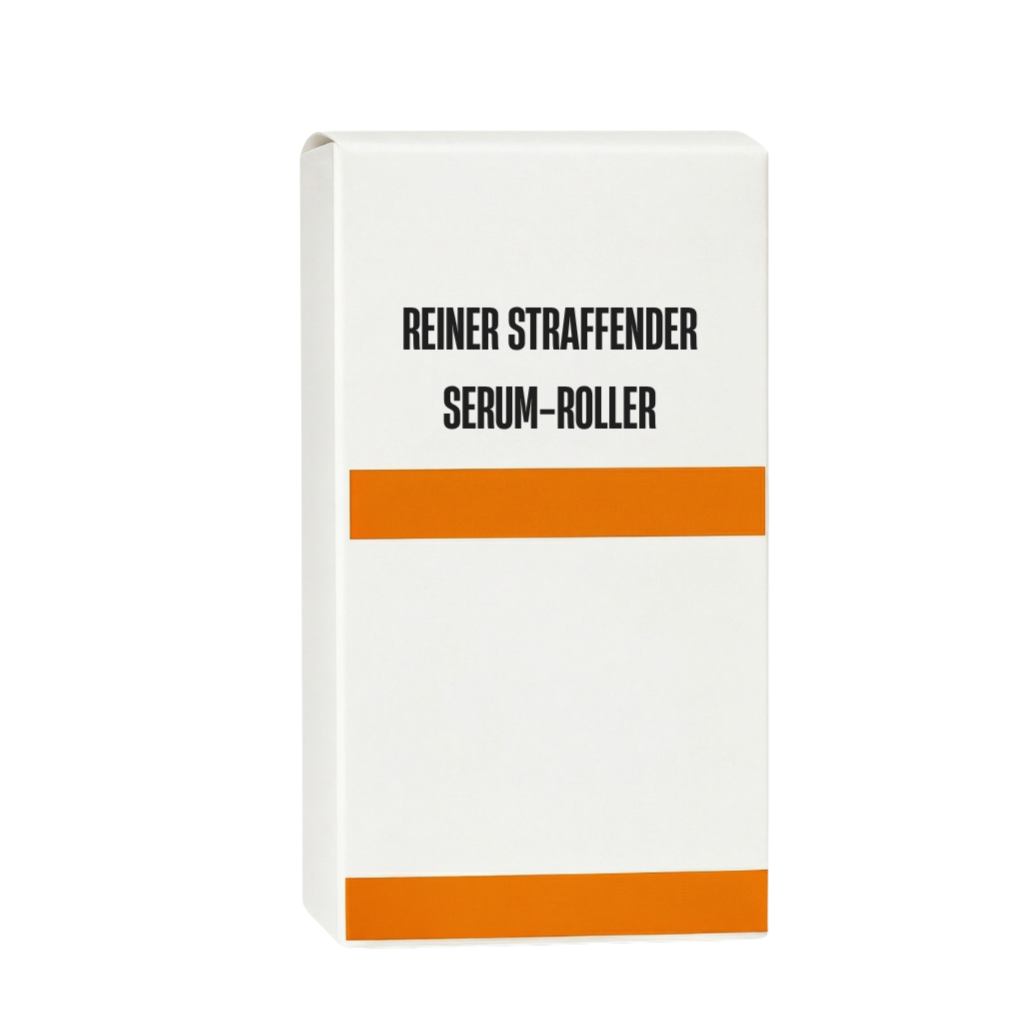 Luxuriöser reiner straffender Serum-Roller Verpackung in schlichtem Design mit orangefarbenem Akzent.