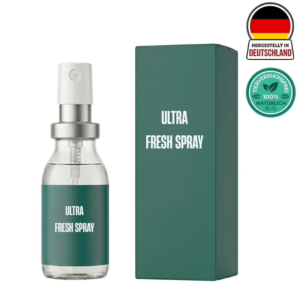 Ultra Frisches Spray in a bottle and packaging showcasing its natural ingredients and German manufacturing.