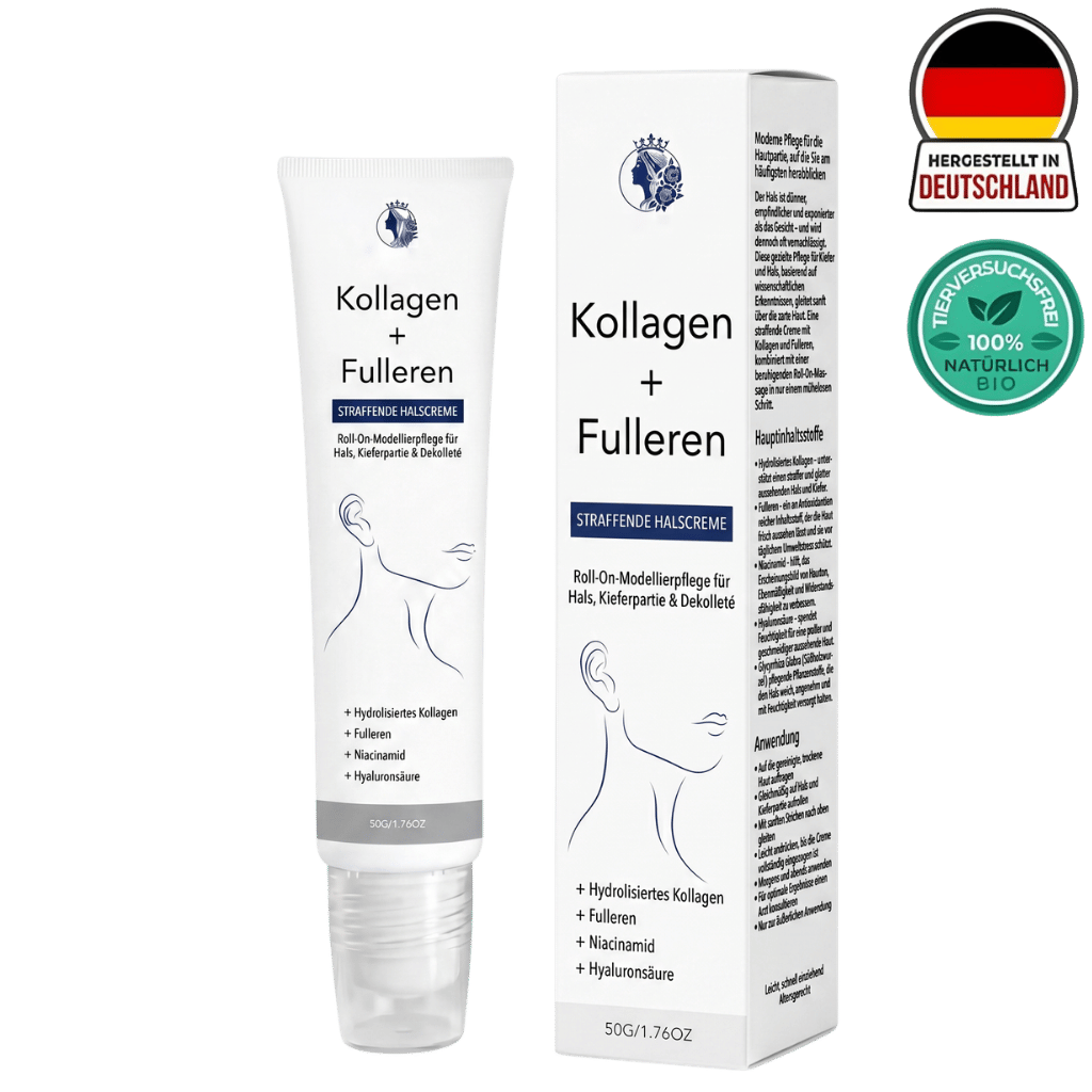 Luxuriöse Straffende Halscreme in Tube und Verpackung, unterstützt straffe Haut am Hals und Dekolleté.