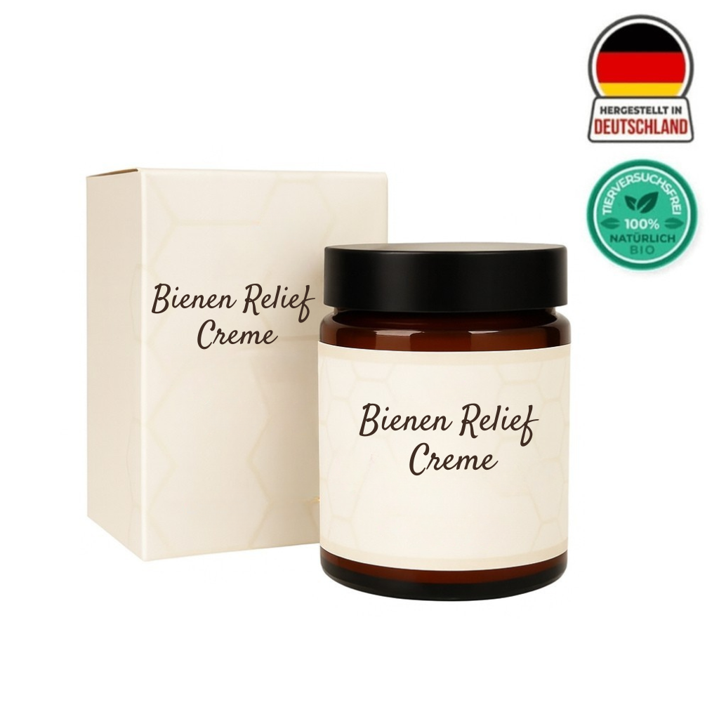 Bienen Relief Creme in einem Glasbehälter mit Verpackung, hergestellt in Deutschland, 100% natürliche Inhaltsstoffe.