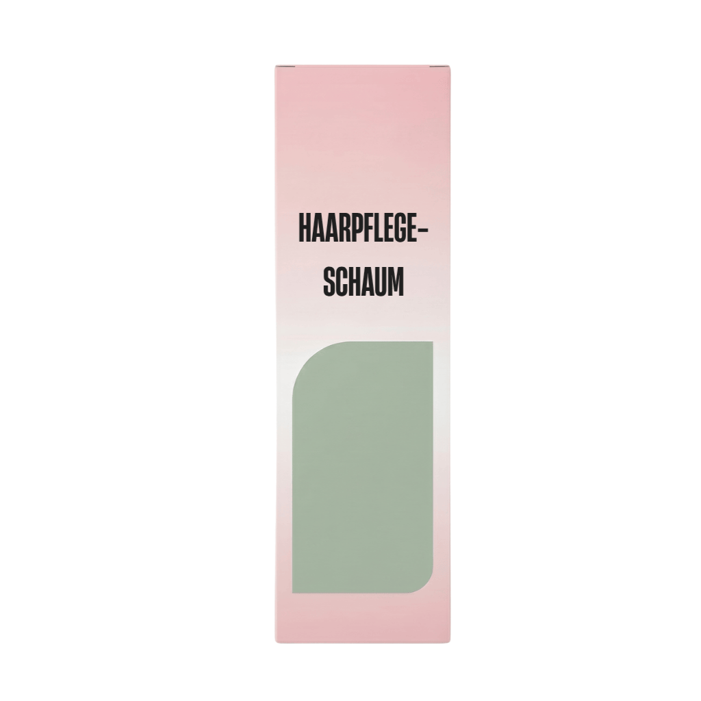 Haarpflege-Schaum Produktverpackung in sanften Farben für sanfte Hautpflege.