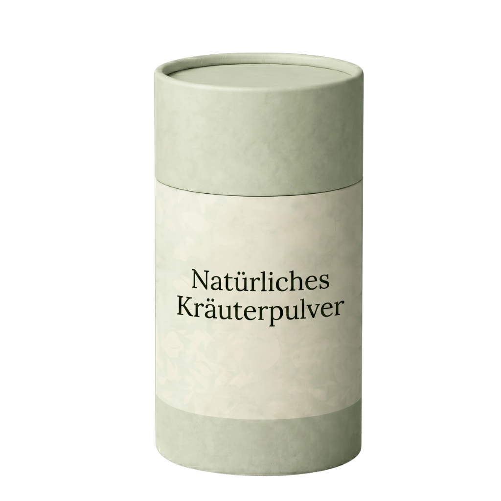 Natürliches Kräuterpulver in einer eleganten Verpackung für eine frische Schönheitspflege.