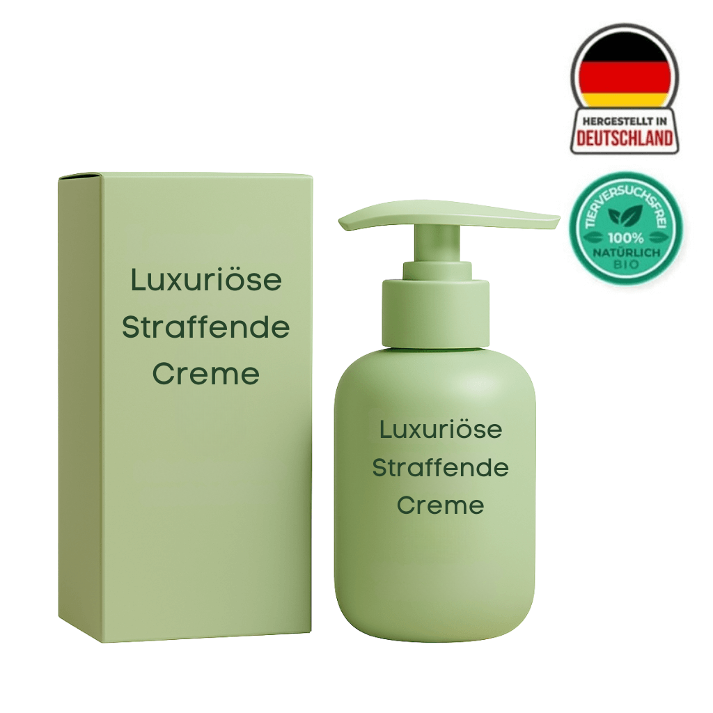Luxuriöse Straffende Creme in einer grünen Flasche und Verpackung, designed für glattere und hydratisierte Haut.
