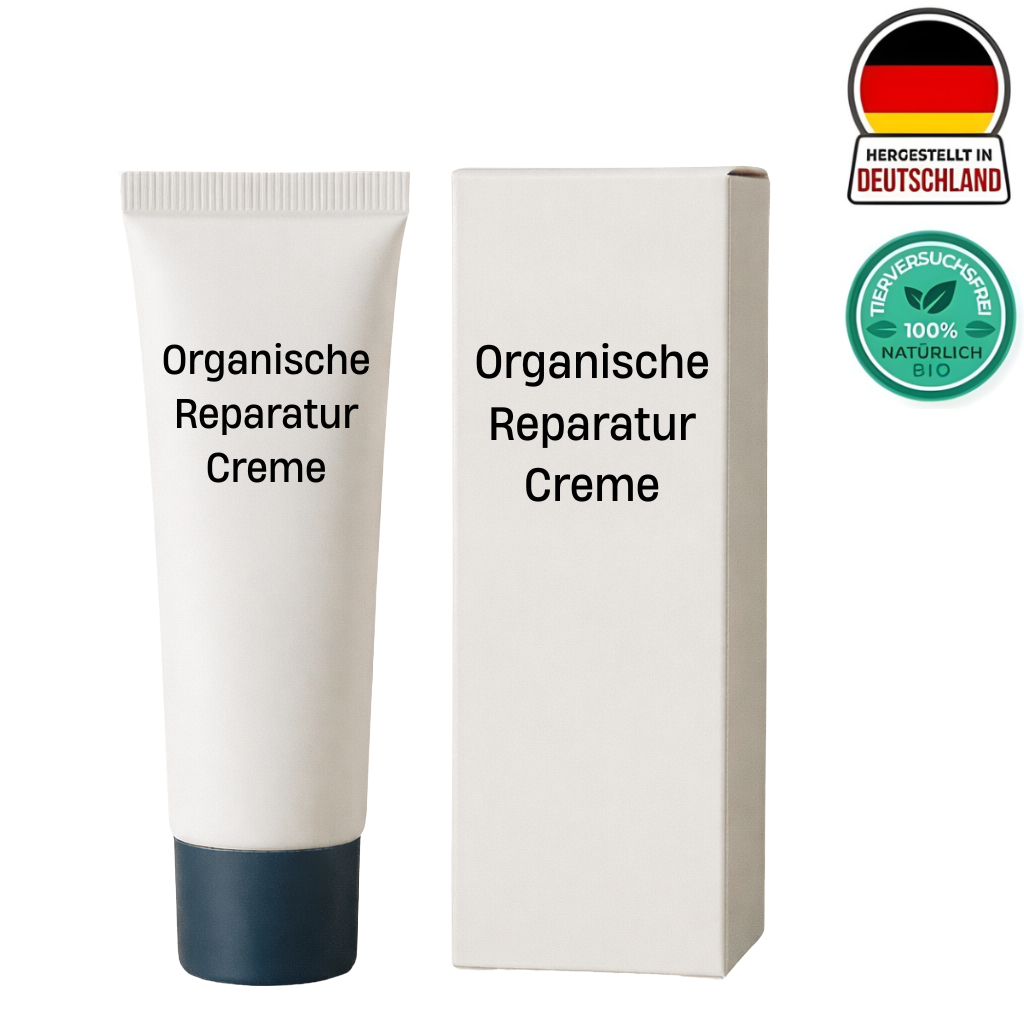 Organische Reparaturcreme in Tube und Kartonverpackung, hergestellt in Deutschland, 100% natürlich bio.