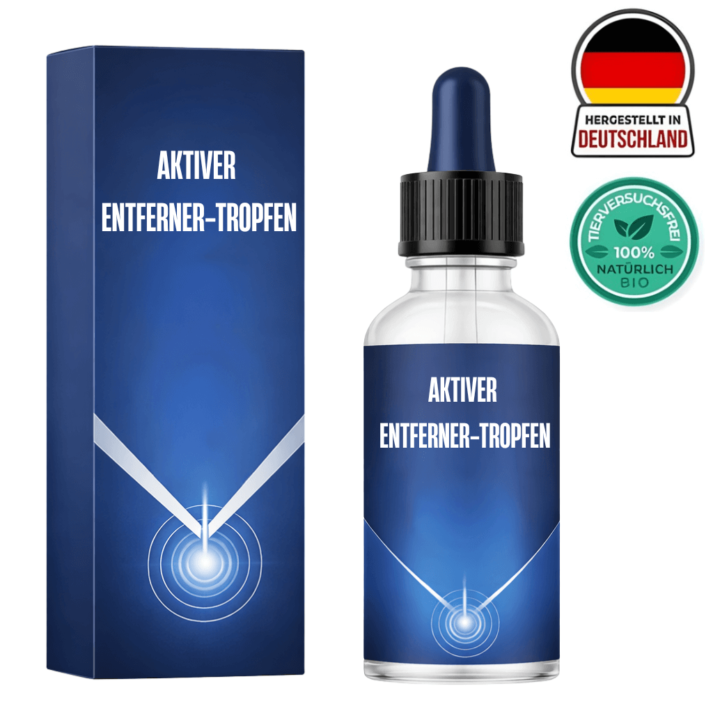 Aktiver Entferner-Tropfen in einer Glasflasche mit blauer Verpackung, hergestellt in Deutschland.